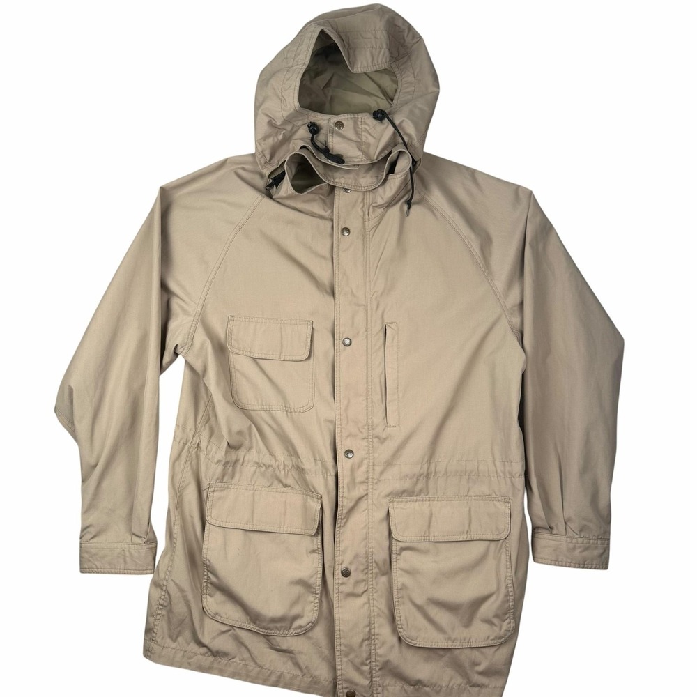 Eddie Bauer Men's XXL Beige Hooded Util Field‎ Jacket Rain Shell Zip Pockets Vtg